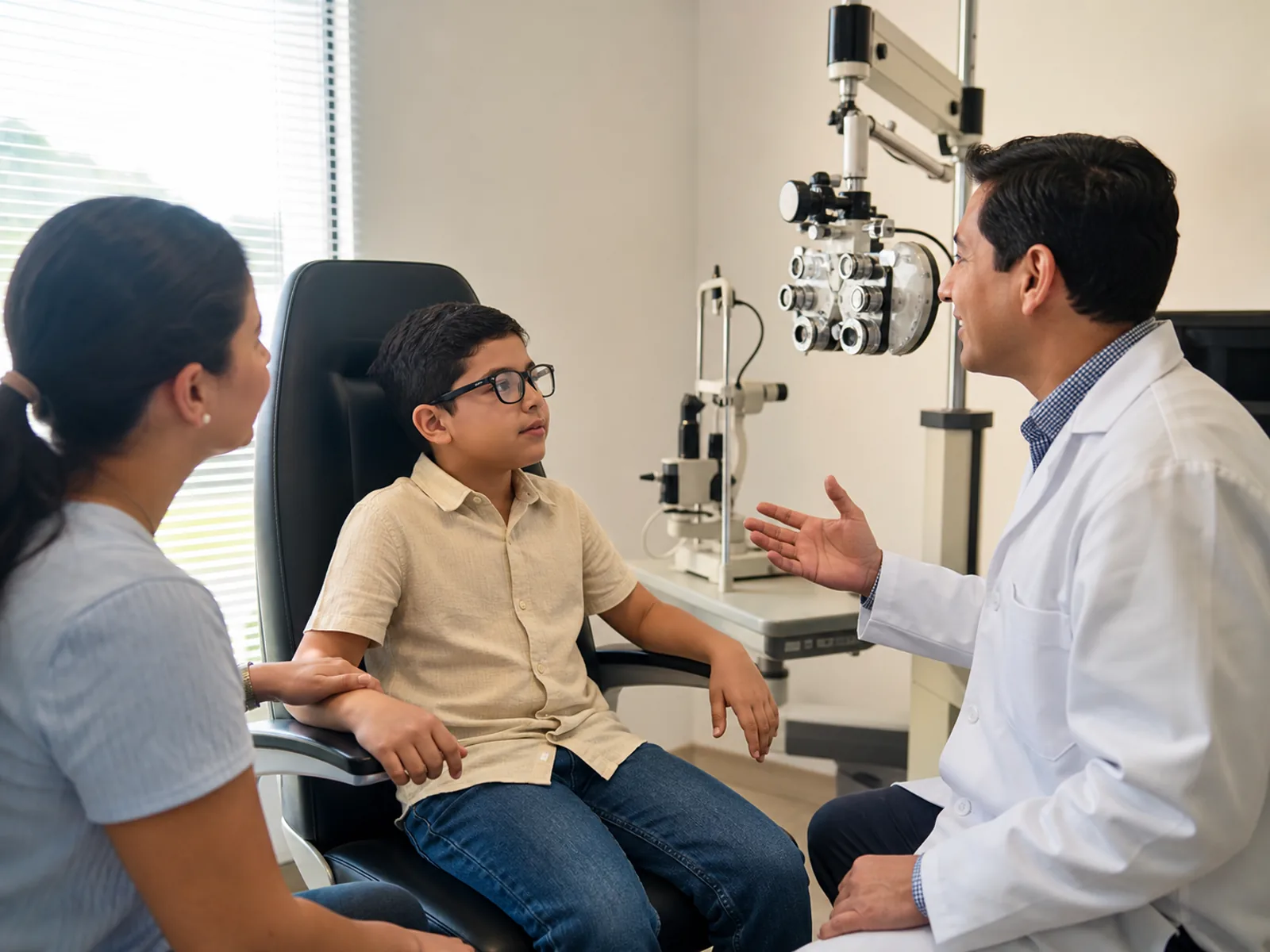 Niño con lentes durante un examen de control de miopía en OptiGlass Panamá