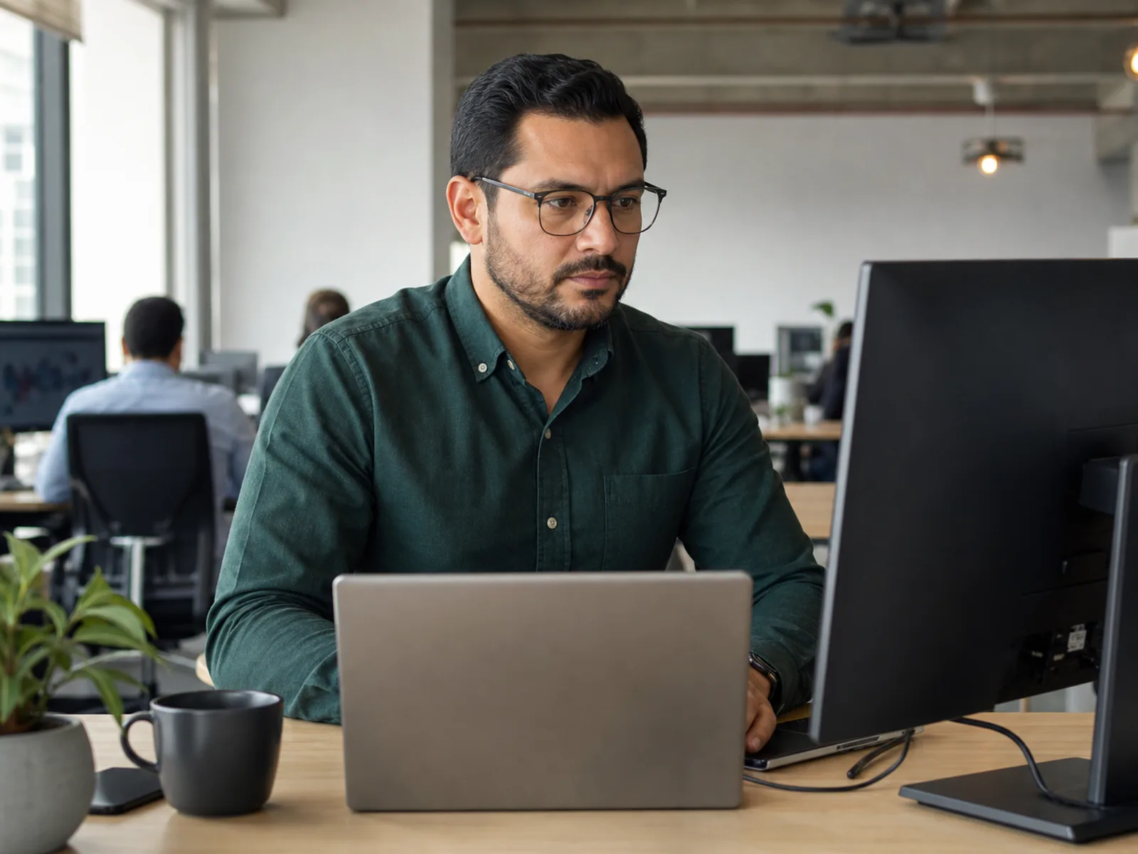 Persona trabajando frente a una computadora con lentes ocupacionales