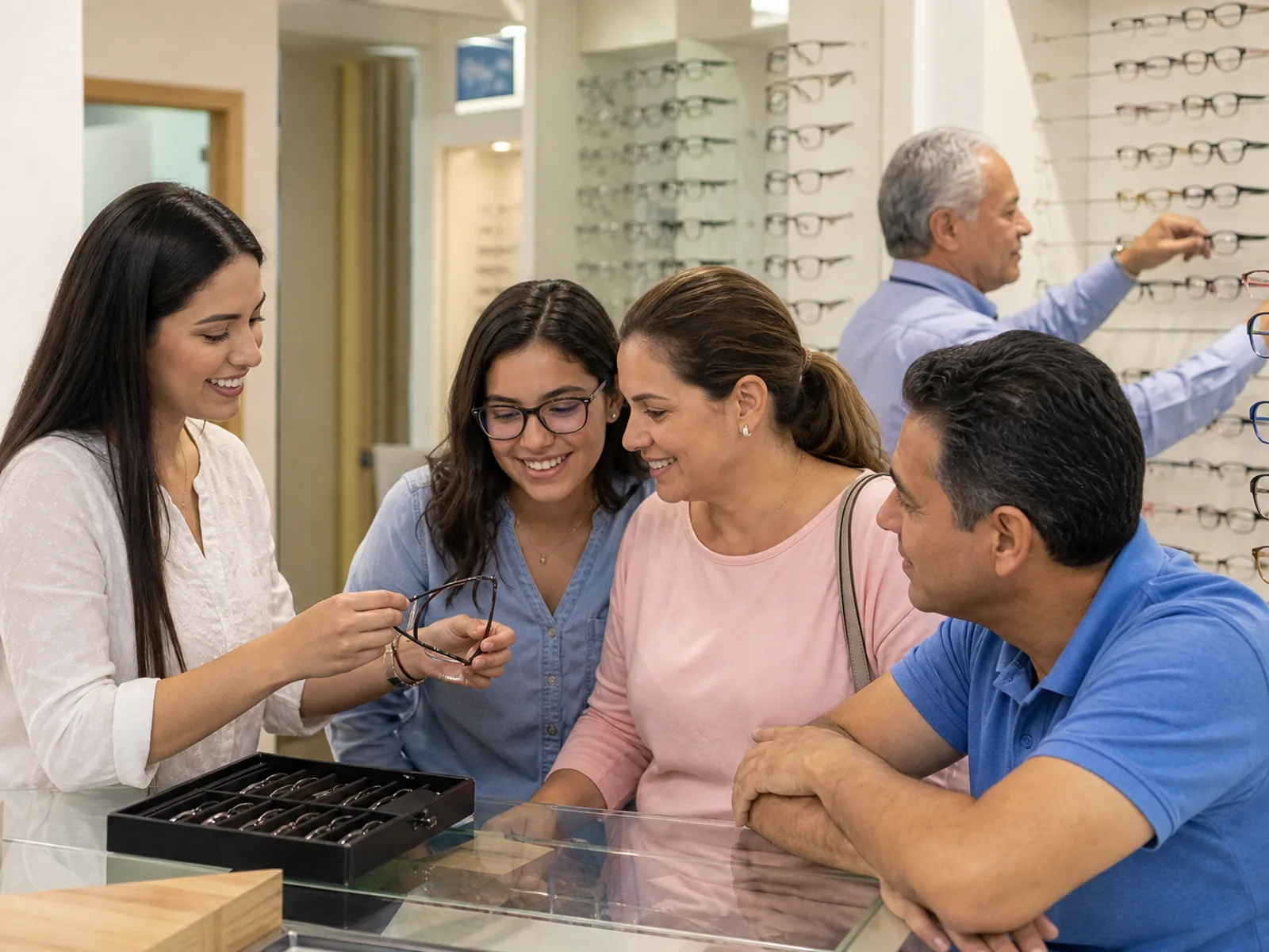 Equipo de óptica atendiendo a una familia que elige sus lentes en Panamá
